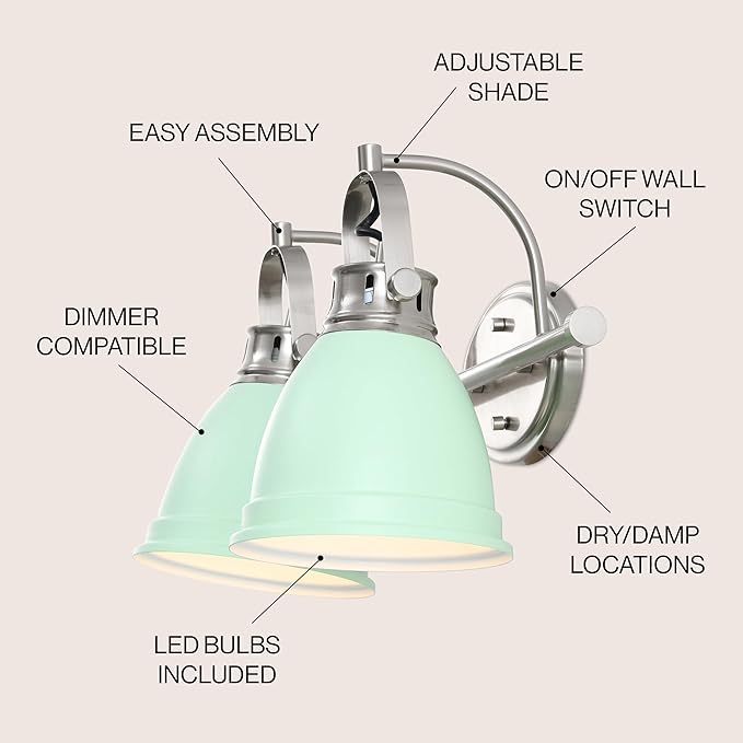 JONATHAN Y 16.25" Mint Green/Nickel 2-Light LED Vanity Light, Adjustable Wall Sconce for Bathroom Mirror, Farmhouse Bohemian Kitchen Light, Iron Black Bell Shade (JYL1115C)