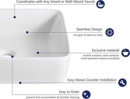 DeerValley Ally 19x15 Inch Rectangular Vessel Sink, White Ceramic Above Counter Bathroom Basin, DV-1V031