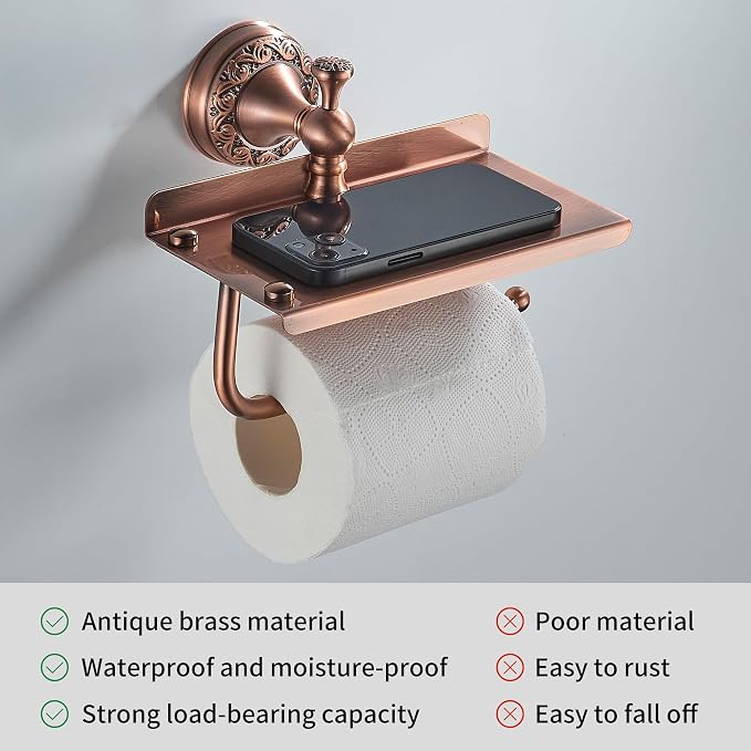 Red Copper Bath Toilet Paper Holder with Phone Shelf, Wall Mounted Bathroom Hardware Accessories, Pattern Carving Design, PBR-4386W