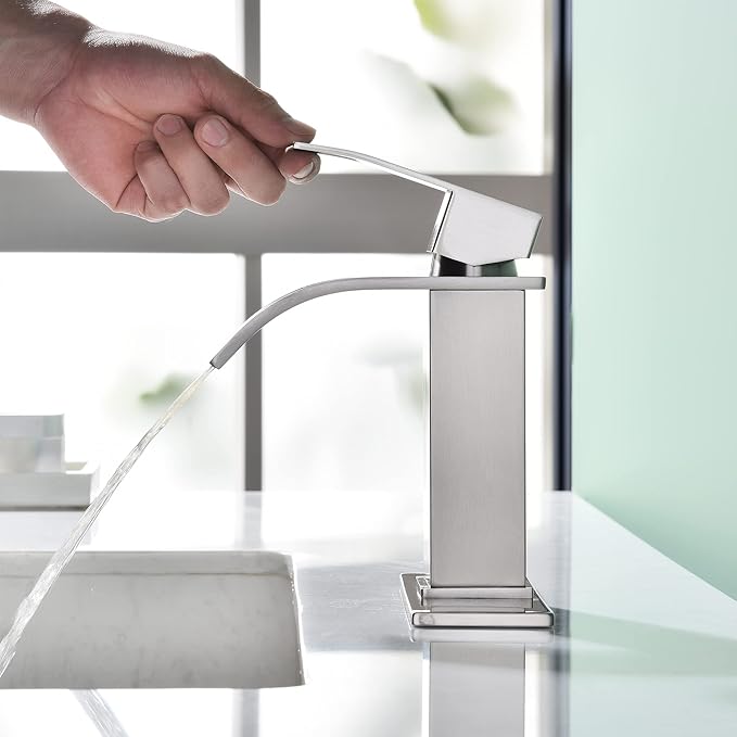 Waterfall Single Hole Bathroom Faucet, Single Handle Bathroom Sink Faucet Brushed Nickel with Pop Up Drain Assembly and Deck Plate for Sink 3 Hole Installation JXM122BN