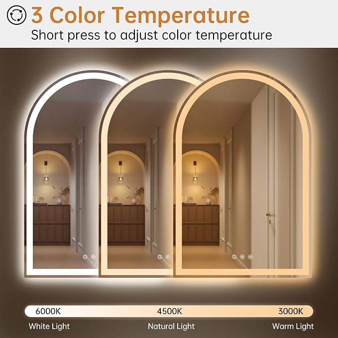 24"x36" Arched LED Lighted Bathroom Mirror with Lights | Fogless, Dimmable, Shatterproof, Touch Sensor, 3 Color Changing