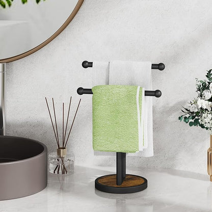 YINMIT Hand Towel Stand with Heavy Wood Base, Free Standing Towel Rack Double T-Shape Hand Towel Holder for Bathroom, Countertop Towel Holder for Bathroom, Kitchen, Countertop Vanity