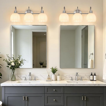 Bathroom Light Fixtures, 3-Light Brushed Nickel Bathroom Vanity Light Over Mirror with White Tulip Glass Shades, Vanity Light Fixture for Bedroom, Living Room & Hallway (Bulbs Not Included)