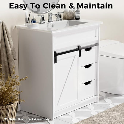 30" Bathroom Vanity with Sink, Bathroom Vanity Set with Sliding Barn Door & 3 Drawers, Freestanding Bathroom Vanities with Metal Handle, Farmhouse Bathroom Cabinet, White