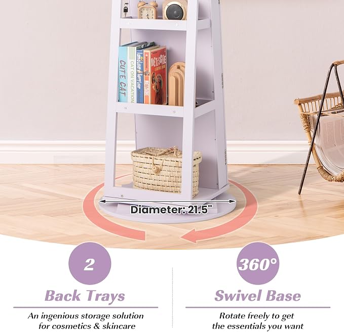 MAT EXPERT 360° Rotating Jewelry Armoire, Lockable Freestanding Jewelry Organizer w/Full-length Mirror, 3-Color LED Lights, Rear Storage Shelves, Mirror Jewelry Cabinet for Bedroom (Lavender)