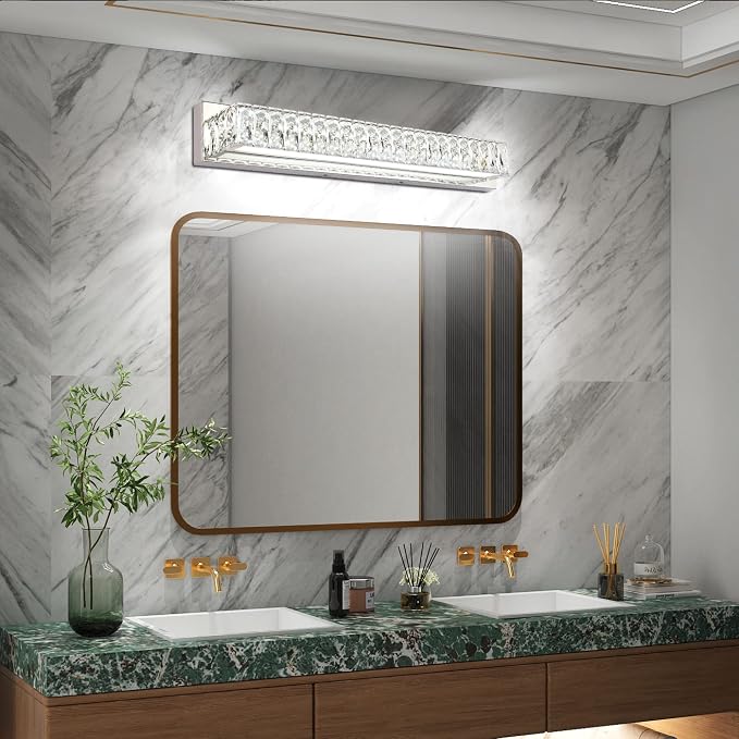 Modern Bathroom Light Fixtures Over Mirror 30 inch Crystal Chrome LED Vanity Light Bar White Light 6000K (7500-760mm)