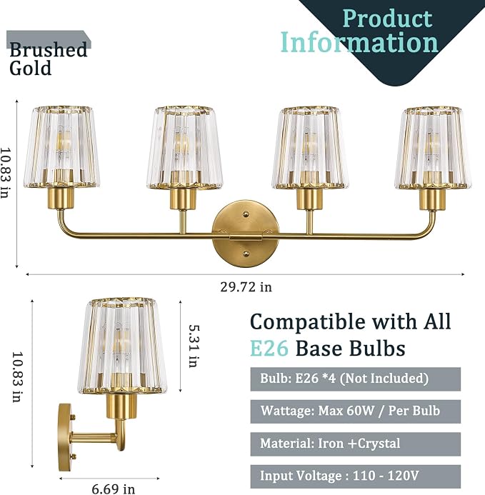 Brushed Gold Vanity Lights, 4-Light Crystal Bathroom Light Fixtures | Modern Bathroom Vanity Light E26 Wall Light over Mirror (Exclude Bulb)