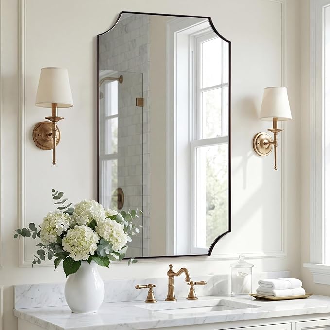Brushed Bronze Mirror, 24"x40" Bathroom Vanity Mirror, Scalloped Rectangle Mirror with Rust-Proof Stainless Steel 1" Frame, Hangs Vertically or Horizontally