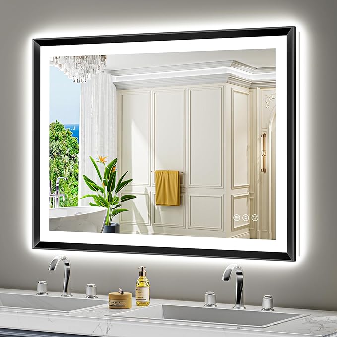 44x32 Black Framed LED Bathroom Mirror with Lights, Backlit and Front Light, Lighted Bathroom Vanity Mirror for Wall Dimmable Anti-Fog Memory Tempered Glass Horizontal/Vertical