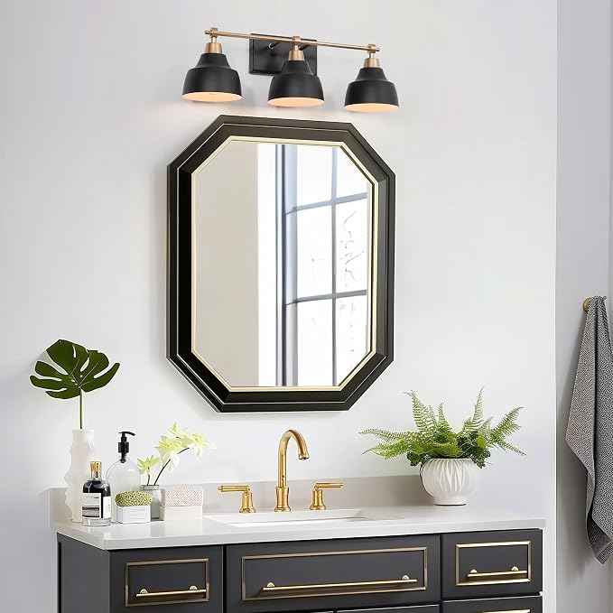 Black Bathroom Vanity Light Fixtures, 3-Light Brass Modern Farmhouse Gold Vanity Wall Lamp Over Mirror with Metal Globe for Hallway, Bedroom, Kitchen, and Living Room