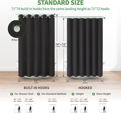 eachope No Hooks & No Liner Needed Fabric Shower Curtain,71" Wx74 L,Black | Linen Texture,100% Waterproof TPU Laminated Layer,Bottom Magnets,Machine Washable,Hotel Style Bathroom Curtain For Shower,Tub