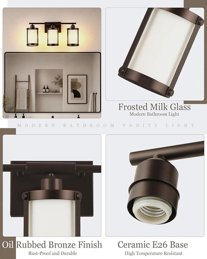 3-Light Oil Rubbed Bronze Bathroom Light Fixtures Over Mirror with Frosted Milk Glass and Metal Cage Shade, 21" UL-Listed Modern Farmhouse Wall Sconce for Bath, Hardwire E26, OS-3014ORBW-3W