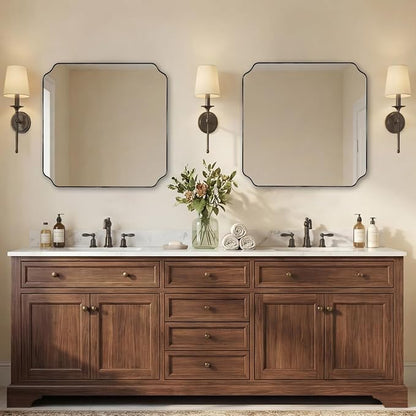 24x24 Inch Square Mirror, Matte Black Vanity Mirror, Modern Scalloped Bathroom Mirror in Premium Stainless Steel Thin Frame, Unique Rounded Notched Corners