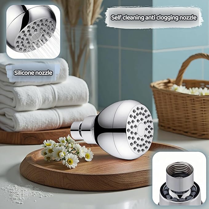 High Pressure Shower Head with 45 Self-Cleaning Nozzles, 360° Brass Ball Joint, Anti-Clogging & Leakproof, Powerful Jet for Low Water Pressure, SPA Rainfall Experience