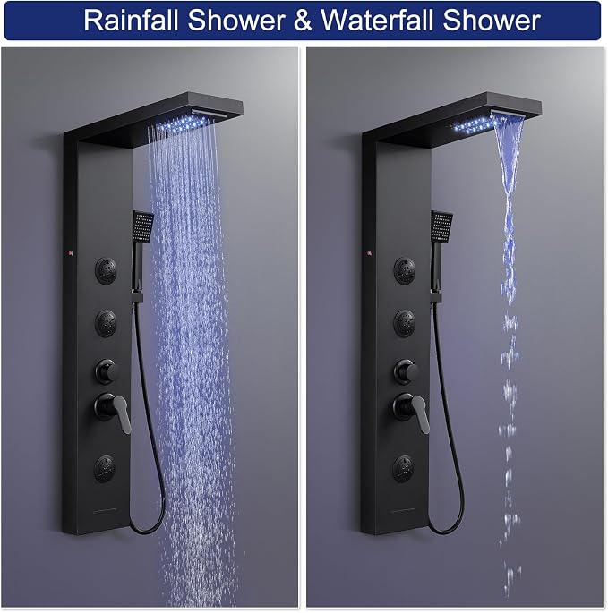 ROVATE 6 in 1 LED Rainfall Waterfall Shower Panel Tower System Matte Black | Stainless Steel Shower Column with Tub Spout, 2-Setting Massage Body Jets and Flexible Handheld, Water Flow Adjustable