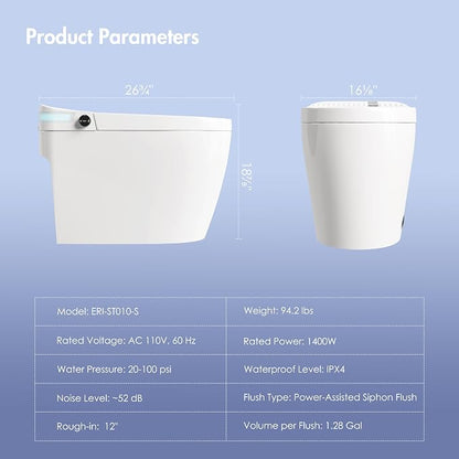 One Piece Smart Bidet Toilet, Foot Sensor Flush, Wash & Dry | Off Seat Auto Flush, Heated Seat, Instant Warm Water, Self Cleaning Wand, Adjustable Wash Settings, Pre Wet, Night Light