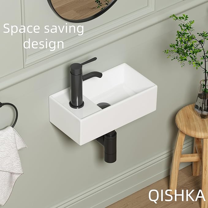 Small Wall Mount Bathroom Vessel Sink, QISHKA 15.5" X 8.5" Rectangular Floating Ceramic Wash Hand Basin- White Wall Hung Vanity Sink with Overflow for Small Bathroom (Left Hand)