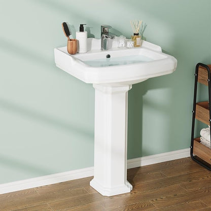 Vintage Pedestal Bathroom Sink - 19x23 Inch Ceramic Vanity Sink with Overflow Hole, Single Hole Faucet Drilling,Freestanding Pedestal Sink for Farmhouse Bathroom