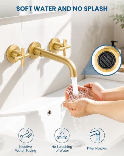 Airuida Solid Brass Brushed Gold Wall Mount Bathroom Faucet | 360° Swivel Spout,Rough in Valve,2 Cross Handle,3 Hole,Widespread
