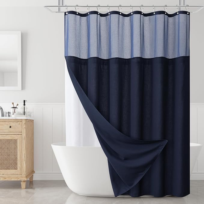 Linen Shower Curtain 72 Inches for Bathroom Navy Blue Double Layer | Curtains with Hook, Snap in Liner, Water Repellent, Boho Farmhouse, Neutral Bath Decor, 1 Panel, 72x72