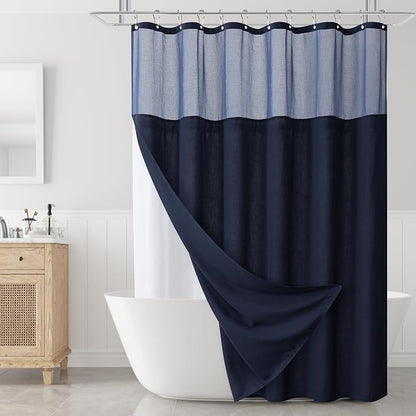 Linen Shower Curtain 72 Inches for Bathroom Navy Blue Double Layer | Curtains with Hook, Snap in Liner, Water Repellent, Boho Farmhouse, Neutral Bath Decor, 1 Panel, 72x72