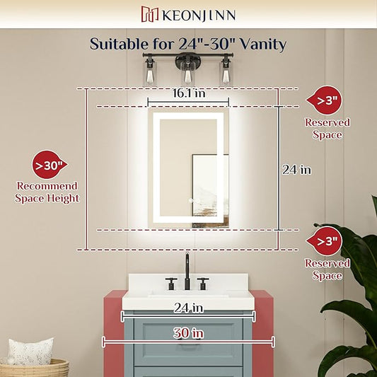 Keonjinn LED Mirror for Bathroom 16 x 24 Inch, Frontlit & Backlit Bathroom Vanity Mirror with 3 Color Lights, Lighted Bathroom Mirror with Anti-Fog, HD Tempered Glass, UL-Listed LED Driver, CRI90+