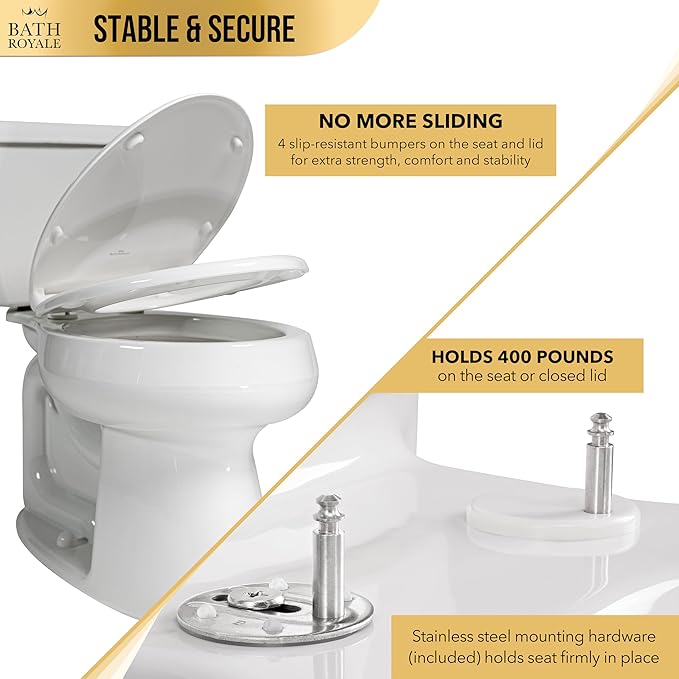 Bath Royale Round Toilet Seat Replacement with Cover BR500-01 Slow Close, Heavy Duty Sturdy, Stain-Resistant, No Jiggle and Easy to Clean, Fits All Toilet Brands, Executive Series - Biscuit/Linen,