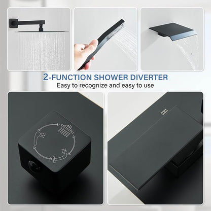 Matte Black Shower System with Tub Spout,All Metal Bathtub Shower Faucet Set With 10-Inch High Pressure Rainfall Head and Handheld Sprayer,Wall Mount for Bathroom Remodel