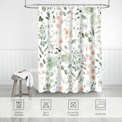 Small Stall Shower Curtain 36 x 72 Inch, Half Narrow Sage Green Floral Shower Curtain for Bathroom, Watercolor Flower Butterfly Fabric Shower Curtain Set with Hooks
