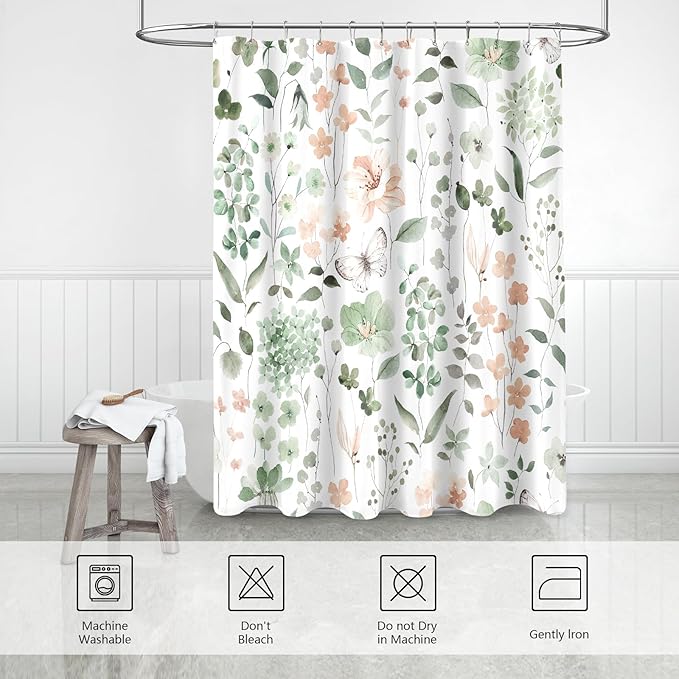 Extra Long Shower Curtain 72 x 96 Inch, Floor to Ceiling X-Long Sage Green Floral Shower Curtain, Watercolor Flower Butterfly Fabric Shower Curtain Set with Hooks