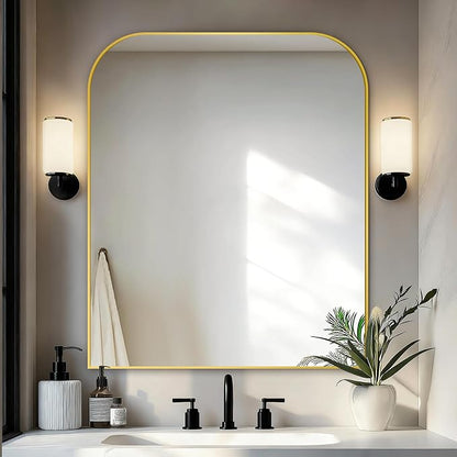 36"x30" Gold Metal Framed Bathroom Mirror for Over Sink | Rounded rectangle shape. Shatterproof HD glass, all mounting hardware for bathroom, bedroom, entryway.
