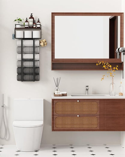 Large Towel Rack & Bathroom Towel Holder - Wall Mounted Metal Rack with Wooden Floating Shelf, Small Bathroom Towel Storage, Easy Holds 6 Large Rolled Towels, Black with Brown Plank