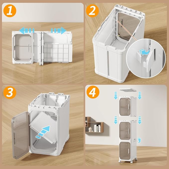 3 Tier Slim Bathroom Storage Cabinet, Foldable and Movable, White | Tools Free, ABS and PET, Magnetic Clear Door, Adjustable Shelves, Lockable Wheels, Water Resistant, For Narrow Space