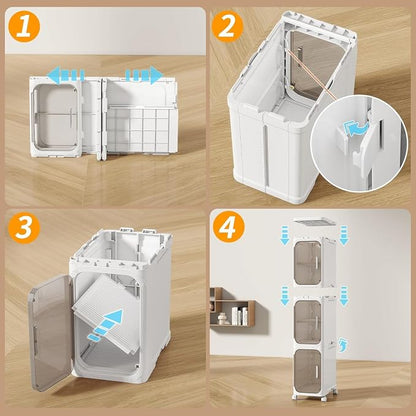 3 Tier Slim Bathroom Storage Cabinet, Foldable and Movable, White | Tools Free, ABS and PET, Magnetic Clear Door, Adjustable Shelves, Lockable Wheels, Water Resistant, For Narrow Space
