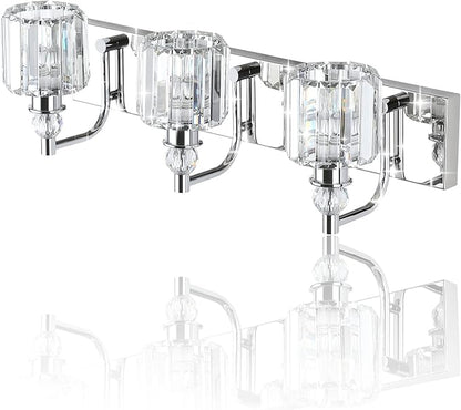 Ralbay Crystal Vanity Light Fixtures 3 Light Modern Crystal Bathroom Lights Fixtures Over Mirror Stainless Steel Chrome Vanity Light for Bathroom Wall Lights Fixtures