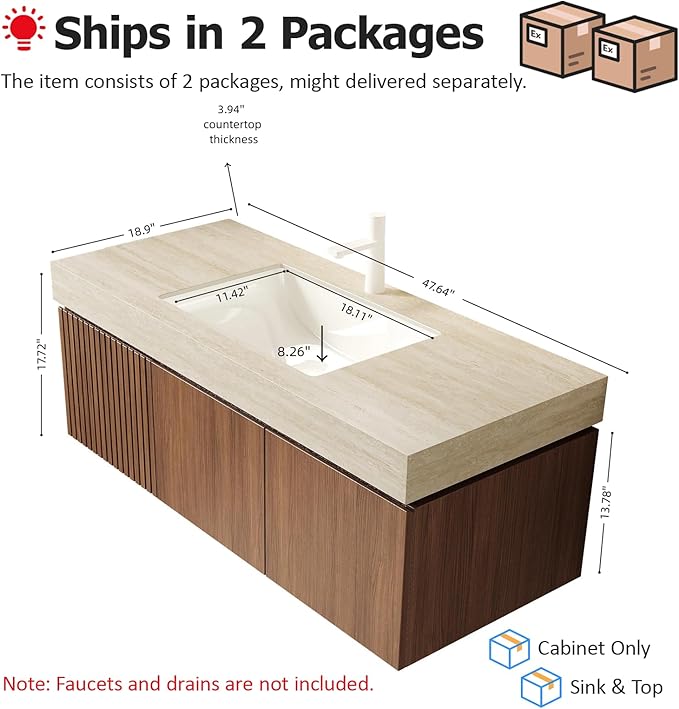 Ambrovina 48" Floating Bathroom Vanity with Sink, Modern Plywood Bathroom Storage Cabinet with Drawer and 2 Door, Roma Travertine Sintered Stone Countertop with Ceramic Basin, Pre-Assembled, Dark Oak