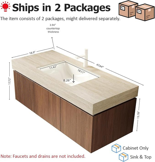 Ambrovina 48" Floating Bathroom Vanity with Sink, Modern Plywood Bathroom Storage Cabinet with Drawer and 2 Door, Roma Travertine Sintered Stone Countertop with Ceramic Basin, Pre-Assembled, Dark Oak
