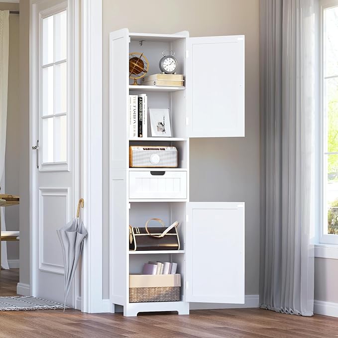 TidyHaven 67” Tall Bathroom Storage Cabinet, Slim Narrow Organizer with Adjustable Shelves, 2 Doors & 1 Drawer, Freestanding Floor Cabinet for Small Spaces, Kitchen, Living Room, White