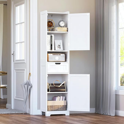 TidyHaven 67” Tall Bathroom Storage Cabinet, Slim Narrow Organizer with Adjustable Shelves, 2 Doors & 1 Drawer, Freestanding Floor Cabinet for Small Spaces, Kitchen, Living Room, White