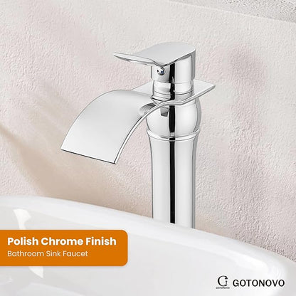 gotonovo Waterfall Vessel Sink Faucet for Sink 1 Hole,Single Handle Tall Bathroom Sink Faucet,Brass Waterfall Bathroom Faucet Arc Body Mixer Tap with Pop Up Drain and Supply Line,Polish Chrome