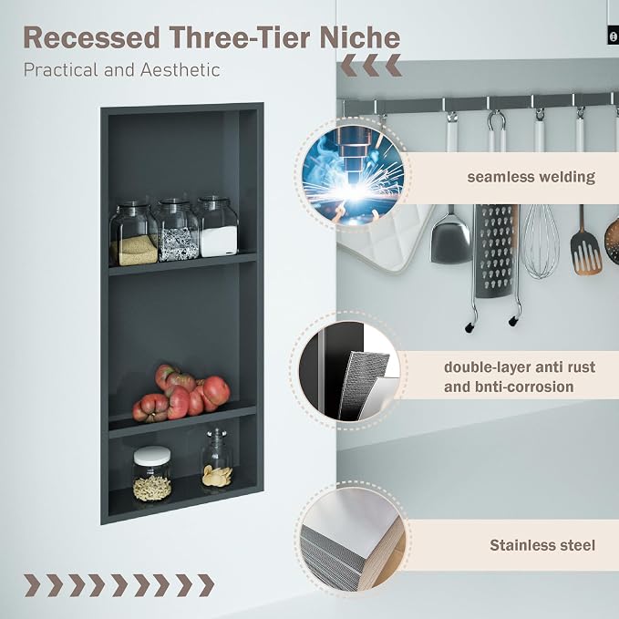 30 x 12 Inch Shower Niche, Matte Black Stainless Steel Recessed Wall Niche, No Tile Needed Built-in Shower Shelf, 3-Tier Bathroom Storage Organizer, Waterproof Rustproof