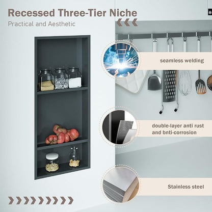 30 x 12 Inch Shower Niche, Matte Black Stainless Steel Recessed Wall Niche, No Tile Needed Built-in Shower Shelf, 3-Tier Bathroom Storage Organizer, Waterproof Rustproof
