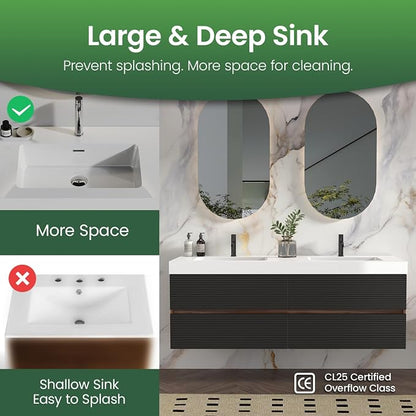 60" Pre-Assembled Floating Vanity with Double White Sink, Walnut | Modern Floating Double Sink Bathroom Vanity with Integrated Engineered Stone Top & Soft-Closing Drawers, Two-tone Cabinet