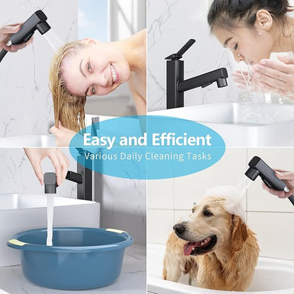 MIAOHUI Vessel Sink Faucet with Pull Out Sprayer, Tall Bathroom Sink Faucet with 3 Spray Mode, High Bathroom Faucets for Sink 1 Hole, Single Handle Modern Vanity Faucet with Fountain Mode, Matte Black