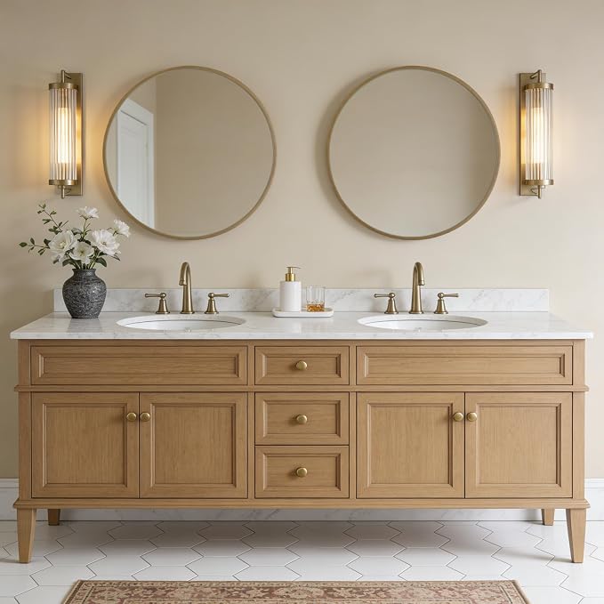 Round Wood Mirror 28" Circle Wall Mirror for Bathroom Round Wall Mirror for Wall Decor, Vanity, Entryway Living Room, Honey