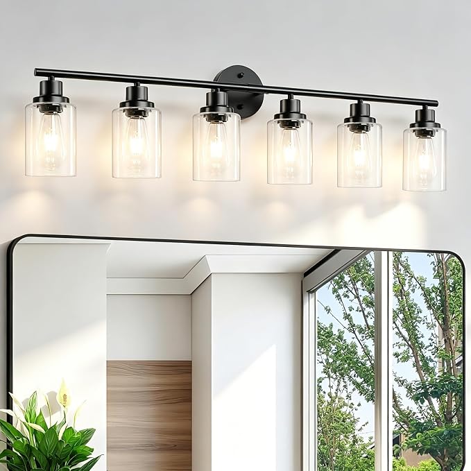 6-Light E26 Black Bathroom Vanity Lights, Modern Bathroom Light Fixtures with Clear Glass Shade, Wall Lamps for Mirror Hallway Kitchen Cabinet Living Room Sconces Lights