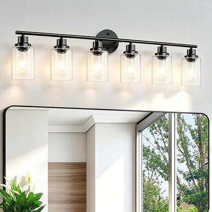 6-Light E26 Black Bathroom Vanity Lights, Modern Bathroom Light Fixtures with Clear Glass Shade, Wall Lamps for Mirror Hallway Kitchen Cabinet Living Room Sconces Lights