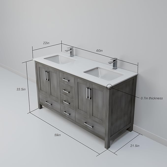 Jacques 60 in. W x 22 in. D Distressed Grey Double Bath Vanity and White Quartz Top