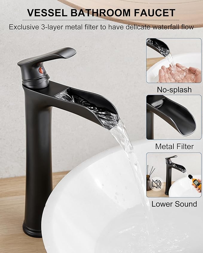 Waterfall Bathroom Sink Faucet, Brass Tall Black Bathroom Faucet Single Handle Vessel Faucet, Bathroom Faucets One Hole Mixer Bowl Tap with Pop-Up Drain Water Hoses for Vanity Lavatory Farmhouse