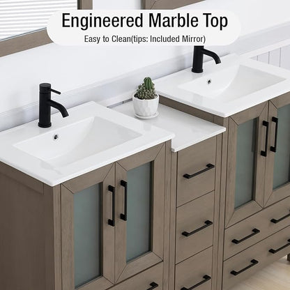HOMEBEYOND 60 Inch Modern Bathroom Vanity with Sink & Mirror, Double Sink Vanity Cabinet with Basin and Mirror, Dove-Tailed Drawers, Soft-Closing Doors, Wood, Driftwood Gray